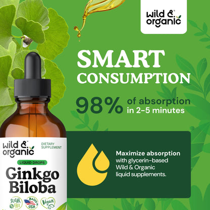Wild & Organic Ginkgo Biloba Drops – Brain & Focus Support | 4 fl oz | Vegan, Alcohol-Free