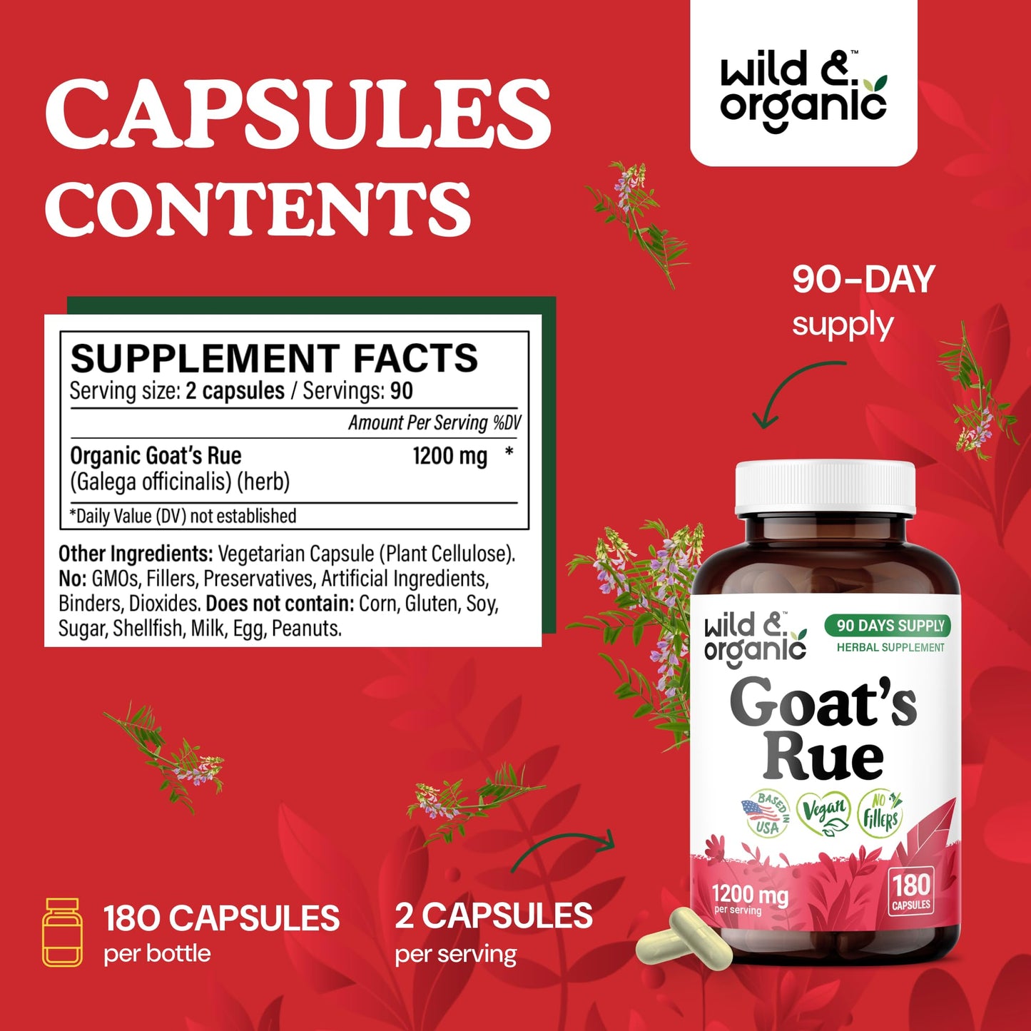 Wild & Organic Goat's Rue Capsules 1200 mg – Lactation Support, Vegan, 90-Day Supply