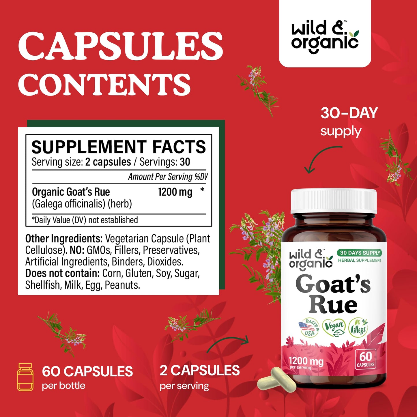Wild & Organic Goat's Rue Capsules 1200 mg – Lactation Support, 60 Vegan Capsules