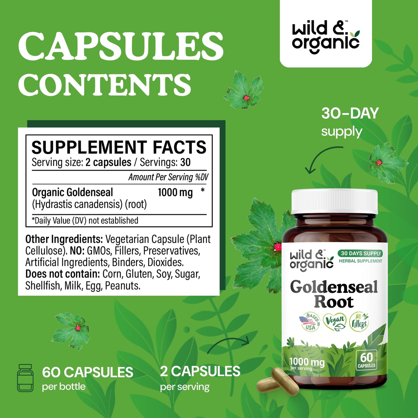Wild & Organic Goldenseal Root Capsules 1000mg – Immune & Lung Support (60 capsules) – Vegan, Non-GMO