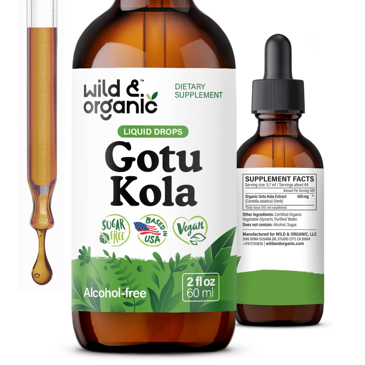 Wild & Organic Gotu Kola Tincture - Brain Support, Gotu Kola Liquid Extract Drops - Vegan, Sugar & Alcohol-Free 2 fl oz