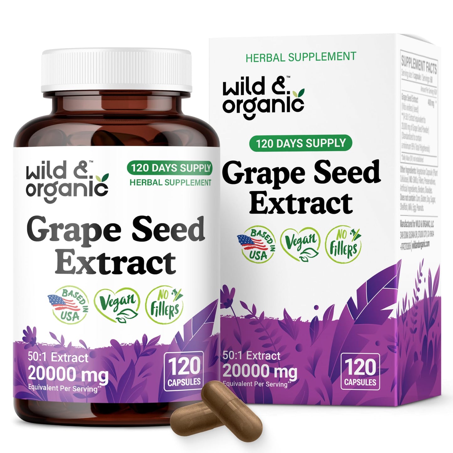 Wild & Organic Grape Seed Extract Capsules - 20,000 mg Strength Grapeseed Extract Equivalent - 95% Polyphenols - 400 mg per Serving - 120 Vegan Capsules - 4 Month Supply - Non-GMO