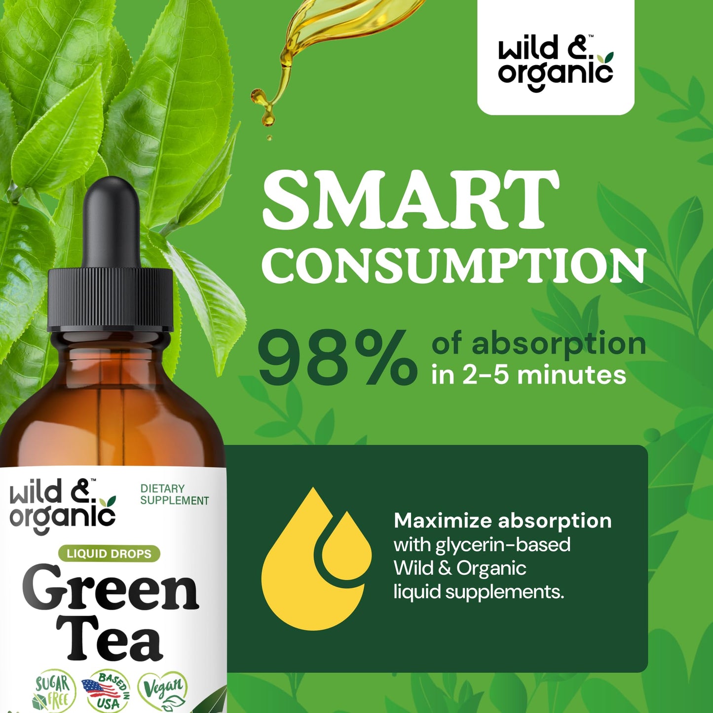 Wild & Organic Green Tea Extract Liquid Drops | 4 fl oz, 84-Day Supply, Vegan & Alcohol-Free
