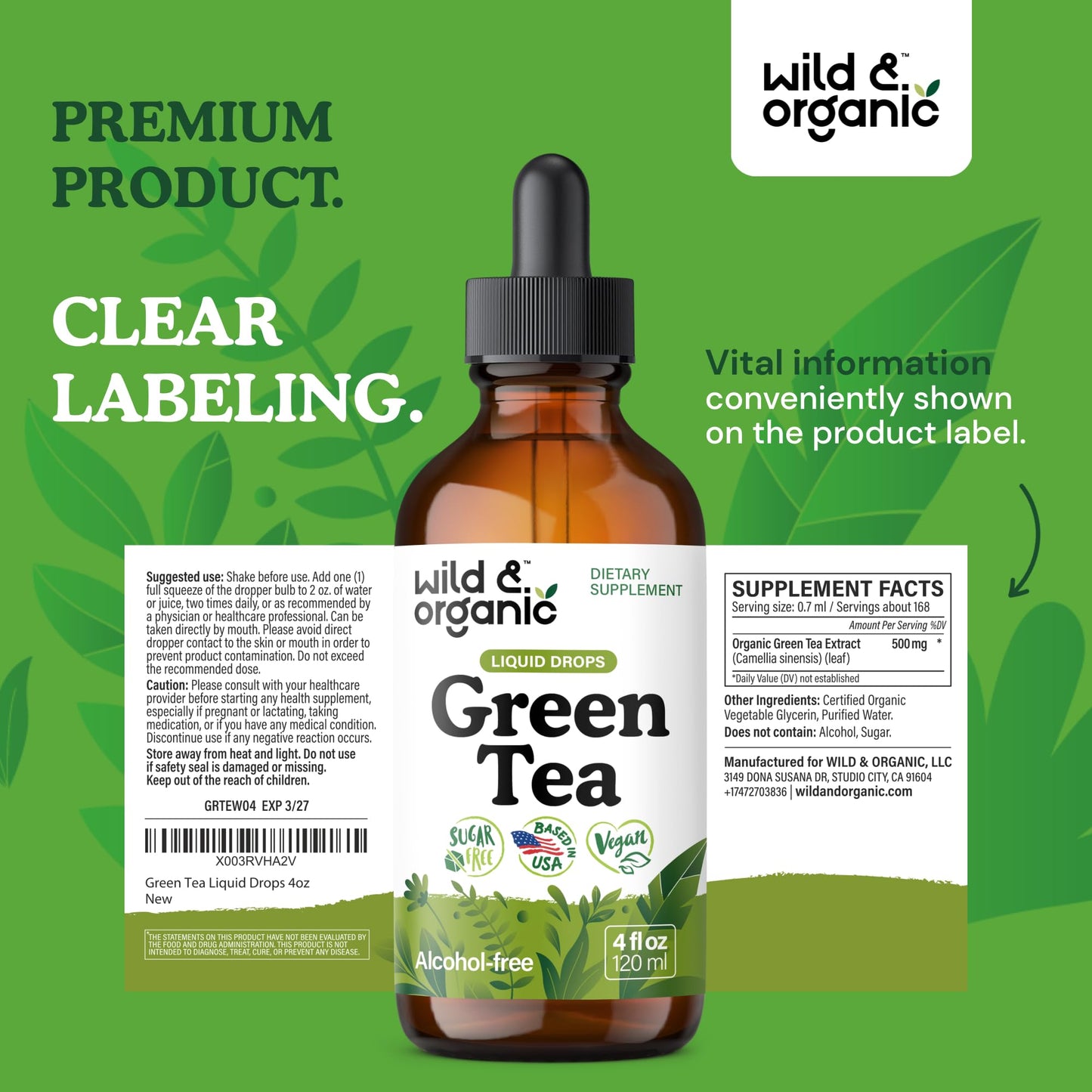 Wild & Organic Green Tea Extract Liquid Drops | 4 fl oz, 84-Day Supply, Vegan & Alcohol-Free