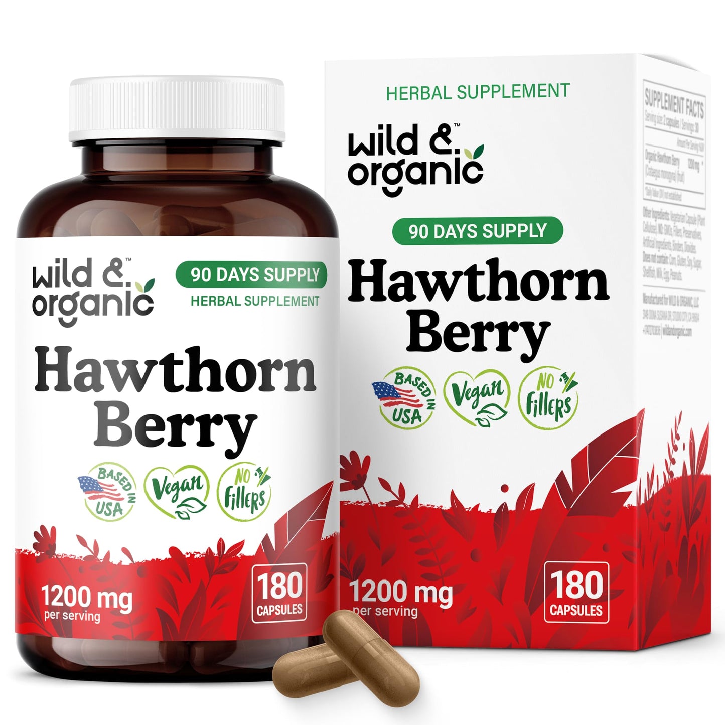 Wild & Organic Hawthorn Berry Capsules 1200 mg - 180 Count | Vegan, Non-GMO