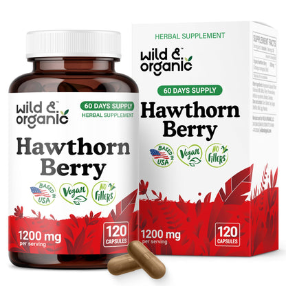 Wild & Organic Hawthorn Berry Capsules 1200 mg - 60-Day Vegan, Non-GMO | 120 Count