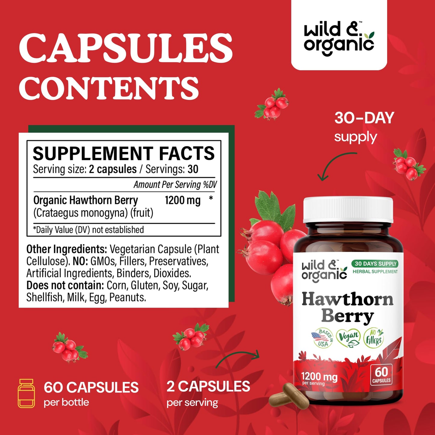 Wild & Organic Hawthorn Berry Capsules 1200 mg – 60 Count | Overall Support, Vegan, Non-GMO