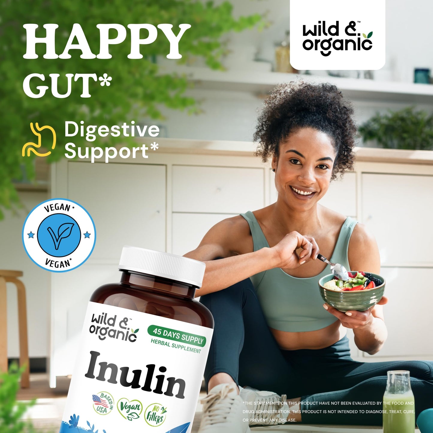 Wild & Organic Inulin Capsules 1400 mg – Vegan Prebiotic Fiber (Chicory Root) – 180 Capsules