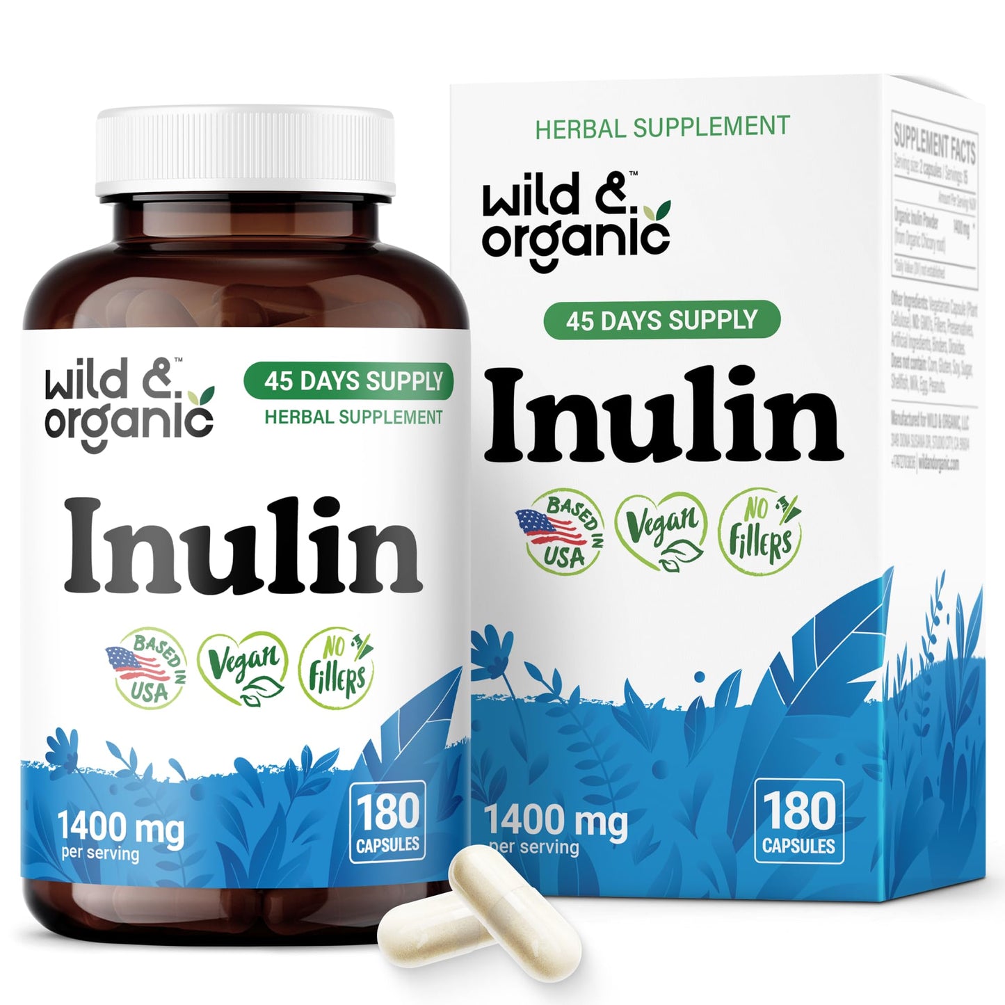 Wild & Organic Inulin Capsules 1400 mg – Vegan Prebiotic Fiber (Chicory Root) – 180 Capsules