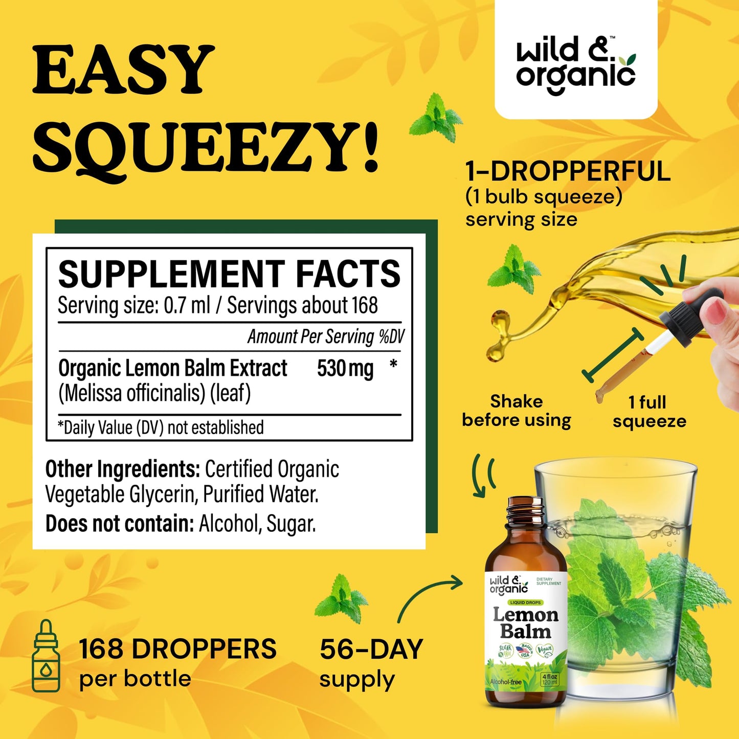 Wild & Organic Lemon Balm Tincture – Mood Support, Melissa Leaf Extract Drops, Vegan, Sugar & Alcohol-Free, 4 fl oz