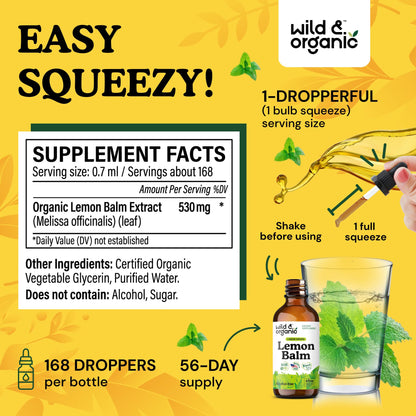 Wild & Organic Lemon Balm Tincture – Mood Support, Melissa Leaf Extract Drops, Vegan, Sugar & Alcohol-Free, 4 fl oz
