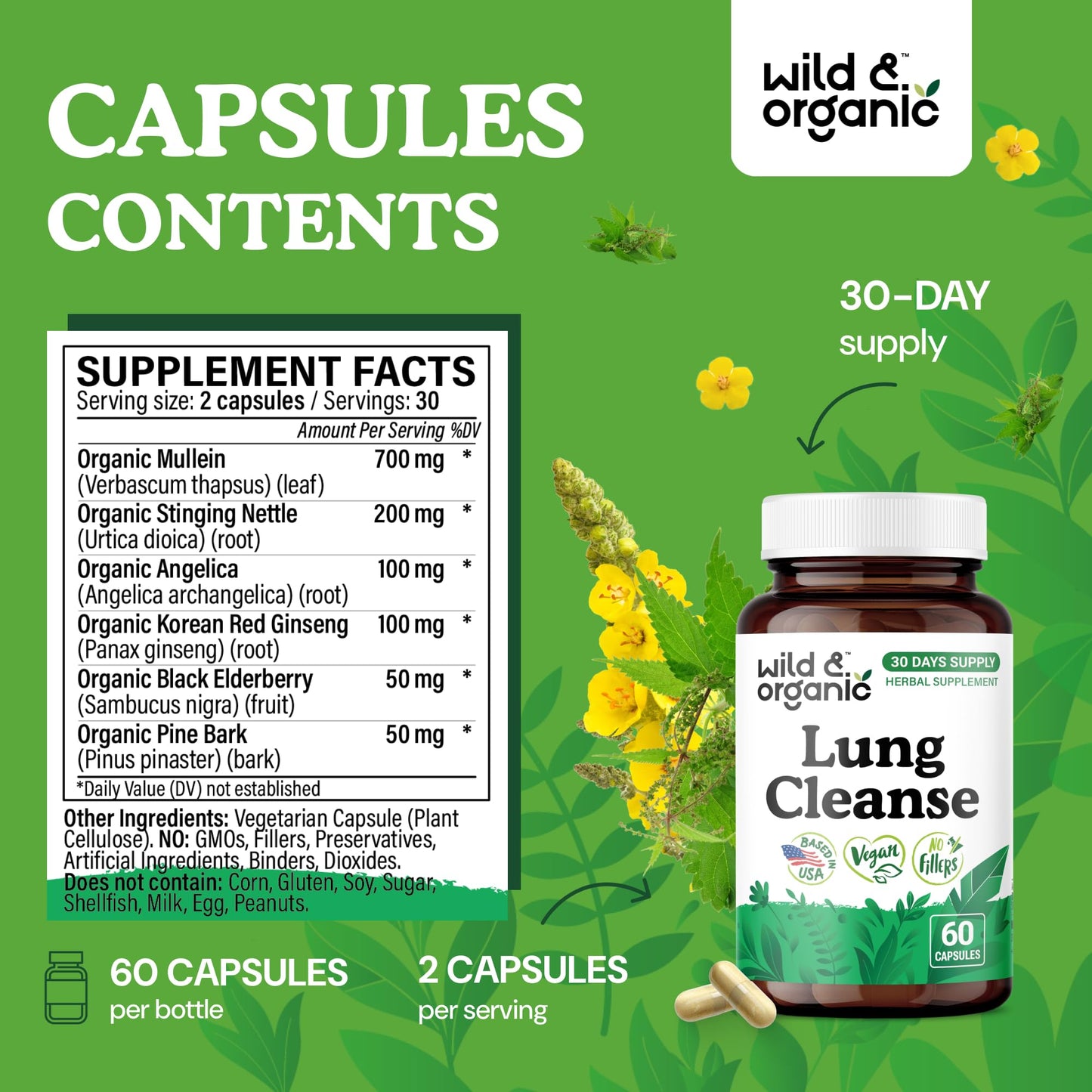 Wild & Organic Lung Cleanse Capsules – Vegan Lung Support with Mullein Leaf, Stinging Nettle, Angelica & Korean Panax Ginseng Powder – 60 Count
