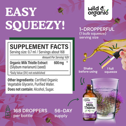 Wild & Organic Milk Thistle Liquid Drops - Liver Cleanse Detox - Silymarin Milk Thistle Supplement for Liver Support - Silybum Marianum Seed Extract Tincture - Vegan, Sugar & Alcohol-Free - 4 fl oz