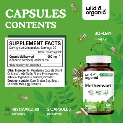 Wild & Organic Motherwort Capsules 1000 mg – Calmness & Women's Support (60 Vegan Capsules)