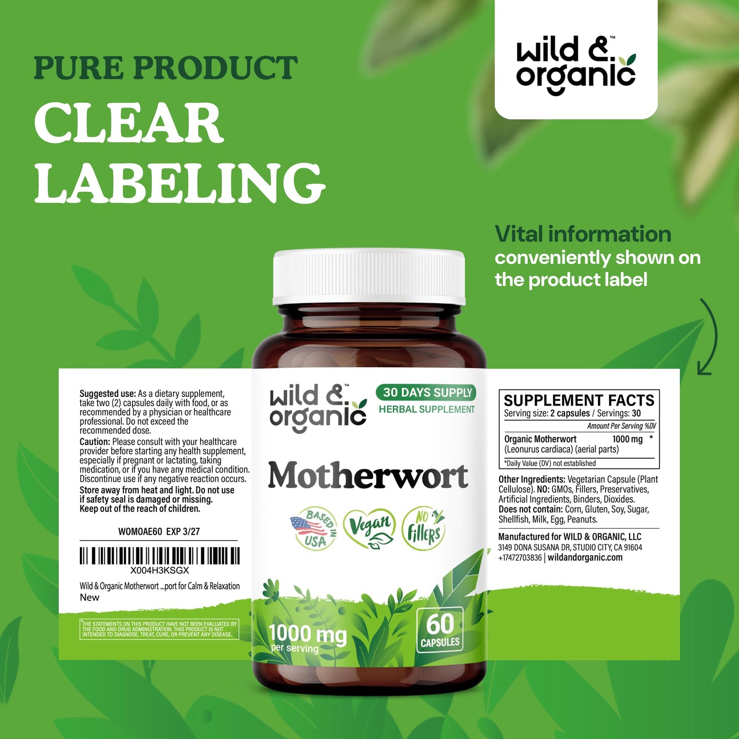 Wild & Organic Motherwort Capsules 1000 mg – Calmness & Women's Support (60 Vegan Capsules)