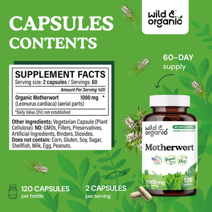 Wild & Organic Motherwort Capsules 1000 mg | Calmness & Women's Support | Vegan & Non-GMO