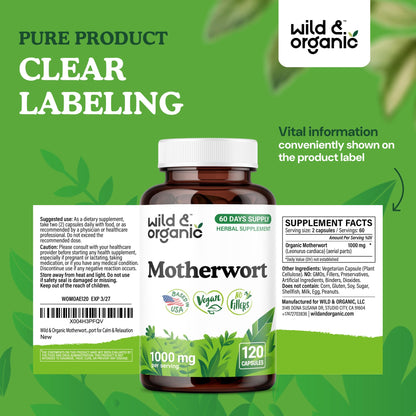 Wild & Organic Motherwort Capsules 1000 mg | Calmness & Women's Support | Vegan & Non-GMO