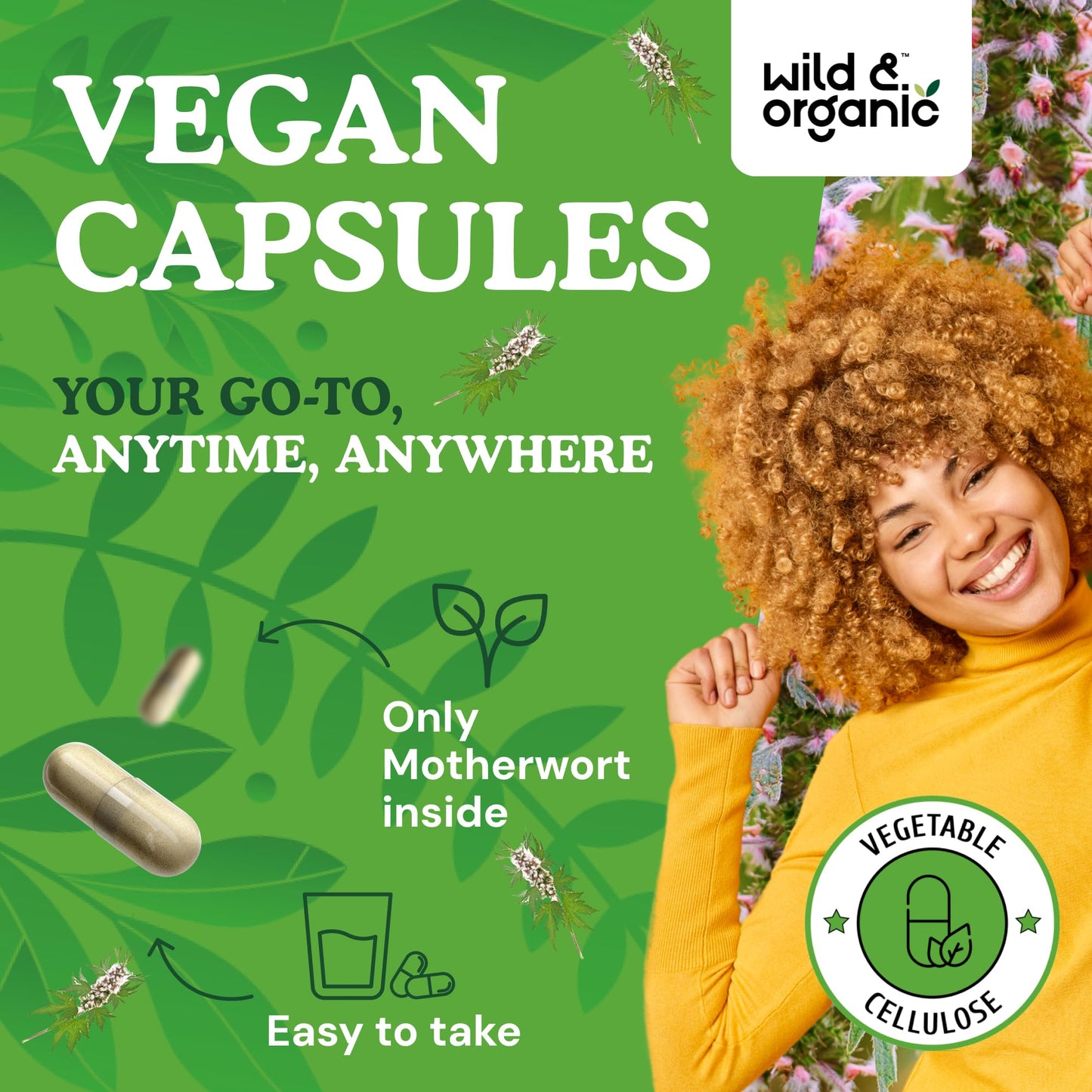 Wild & Organic Motherwort Capsules 1000 mg | Calmness & Women's Support | Vegan & Non-GMO