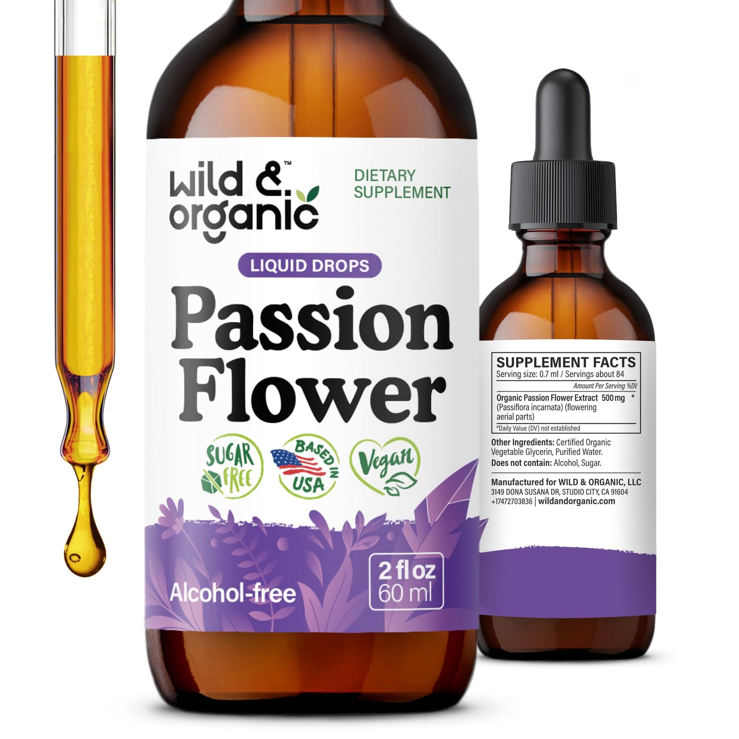 Wild & Organic Passionflower Tincture – 2 oz, Vegan & Alcohol-Free