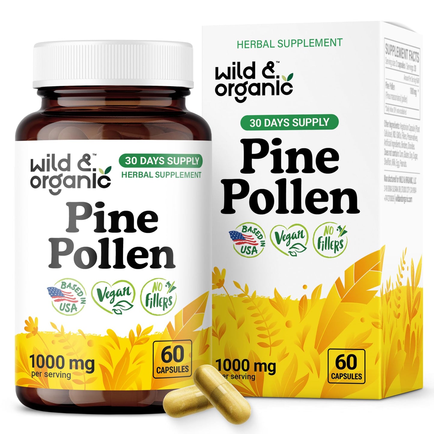 Wild & Organic Pine Pollen for Men Capsules 1000 mg - 60 Count | Vegan, Non-GMO