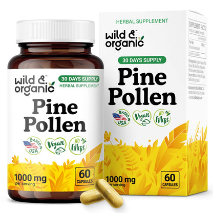 Wild & Organic Pine Pollen for Men Capsules 1000 mg - 60 Count | Vegan, Non-GMO