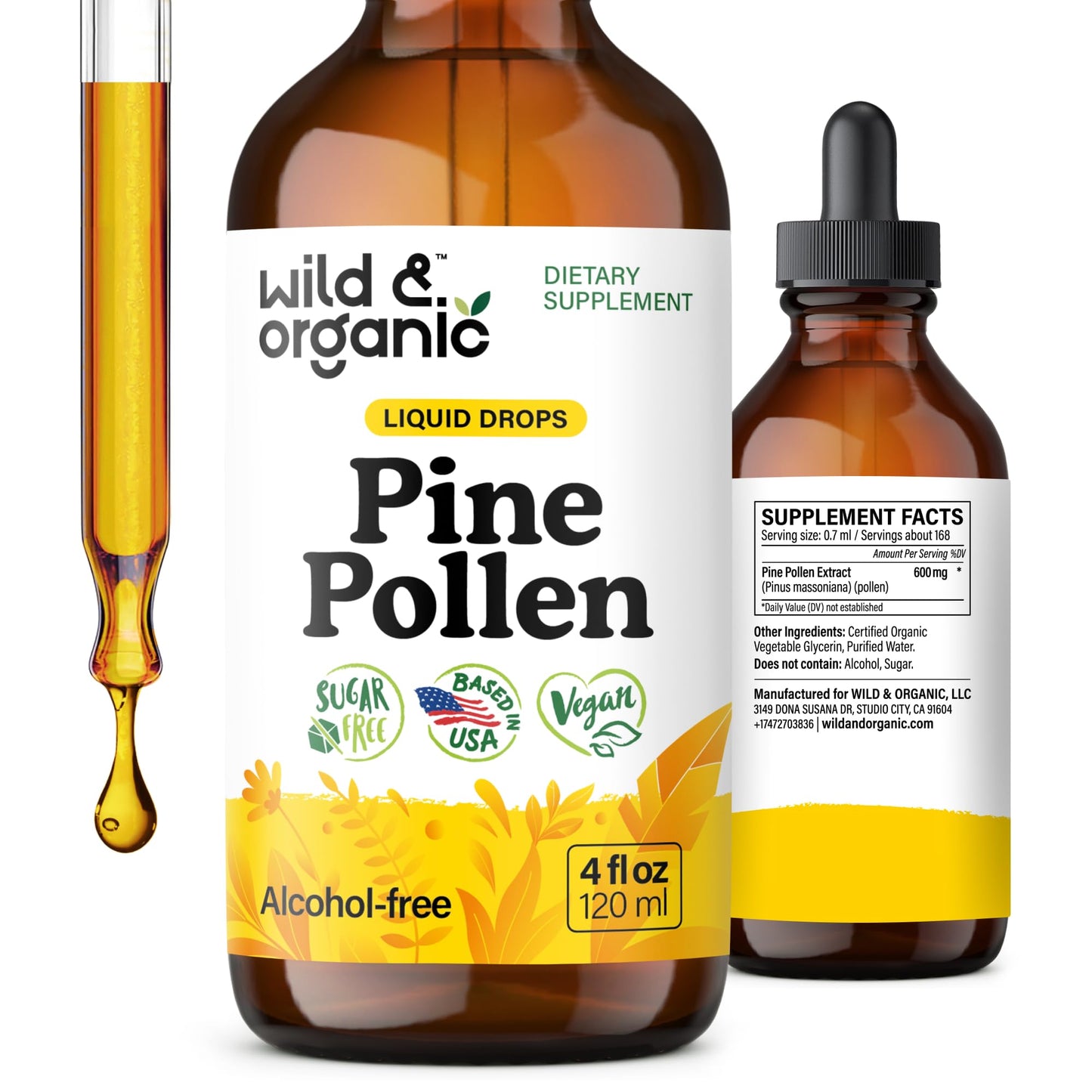 Wild & Organic Pine Pollen Tincture – Vegan, Alcohol-Free, 4 oz