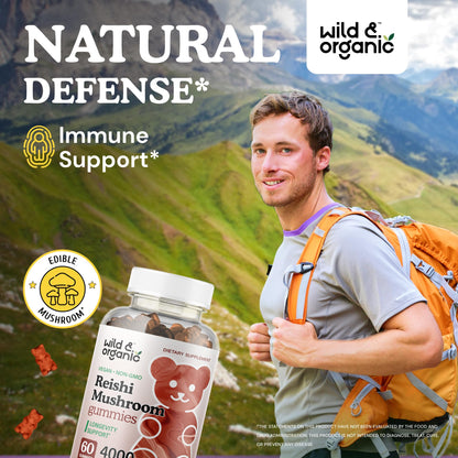 Wild & Organic Reishi Gummies 1000 mg | Ganoderma Lucidum Extract | Immune Support - 60 Vegan Chews