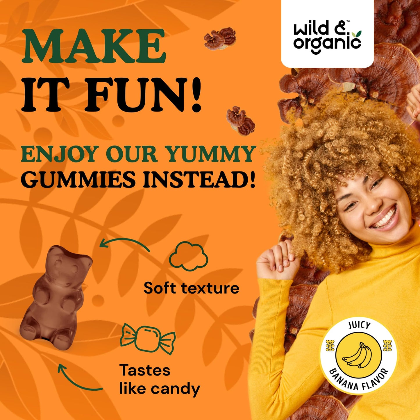 Wild & Organic Reishi Gummies 1000 mg | Ganoderma Lucidum Extract | Immune Support - 60 Vegan Chews