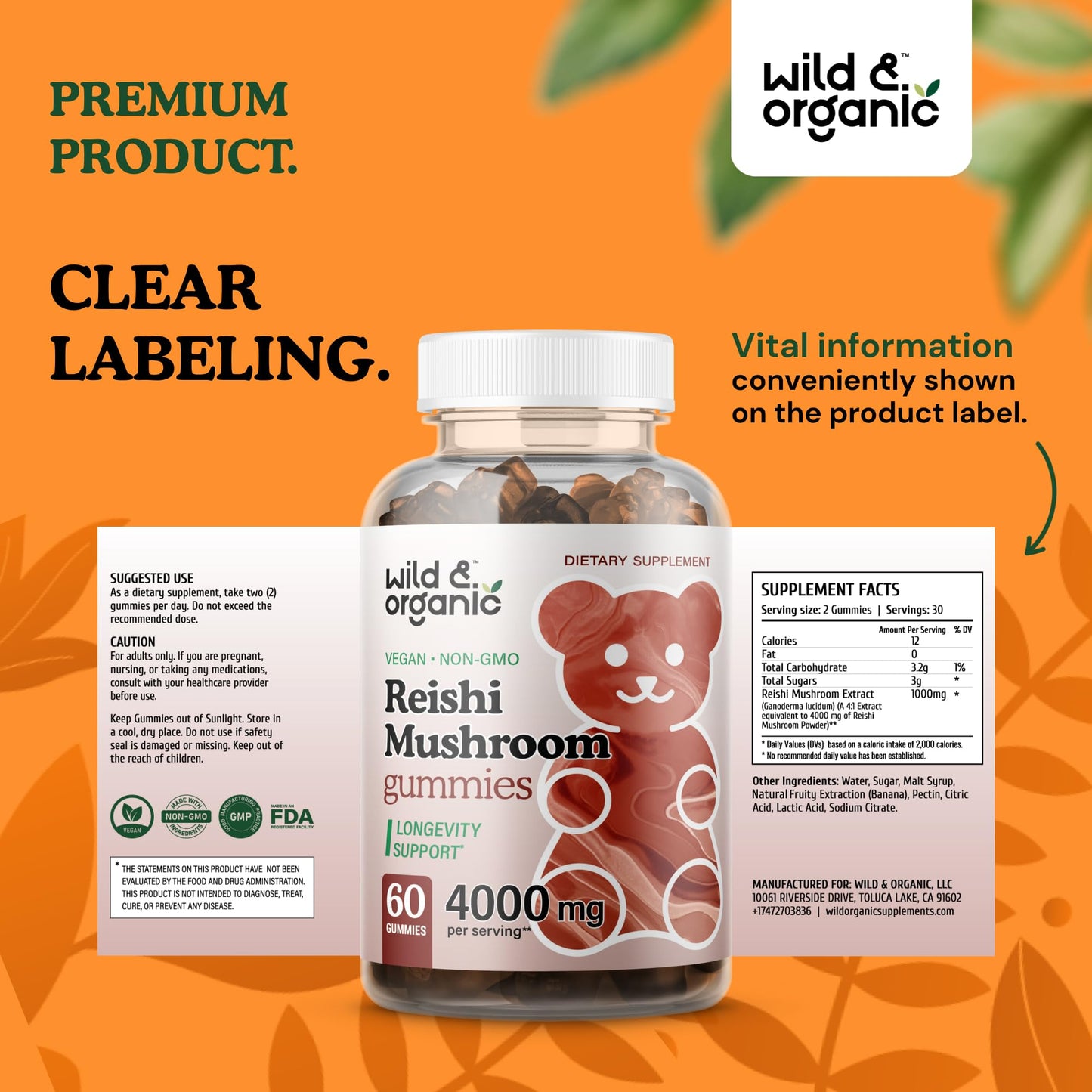 Wild & Organic Reishi Gummies 1000 mg | Ganoderma Lucidum Extract | Immune Support - 60 Vegan Chews