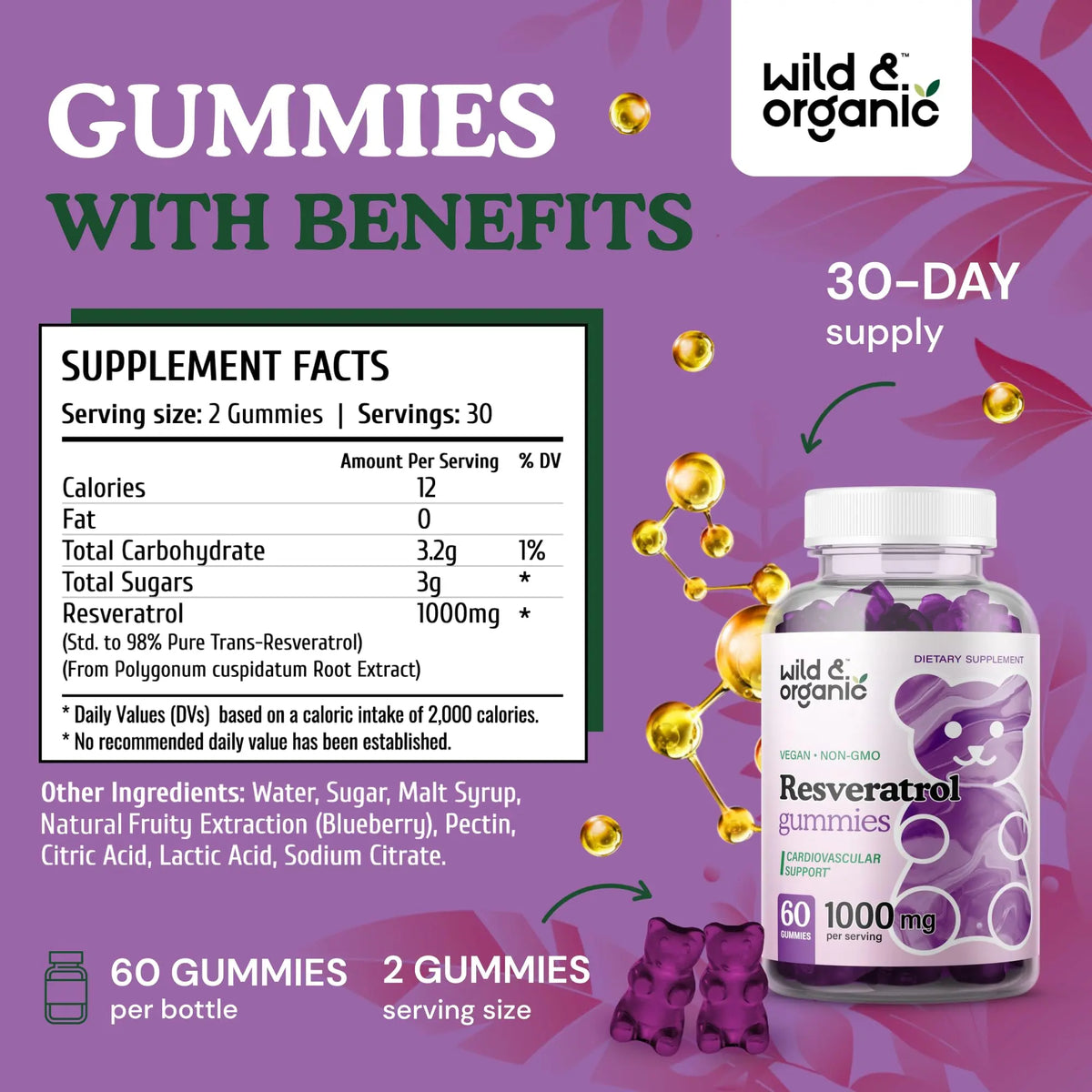 Wild & Organic Resveratrol Gummies 1000mg | Trans-Resveratrol for Antioxidant, Brain & Immune Support (Pack of 2) BritishVita | Premium UK Vitamins & Wellness Supplements