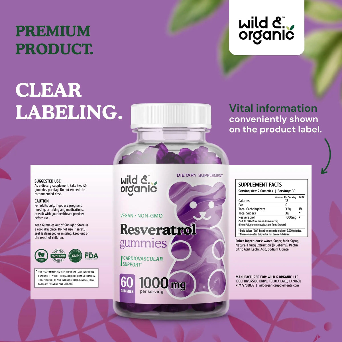 Wild & Organic Resveratrol Gummies 1000mg | Trans-Resveratrol for Antioxidant, Brain & Immune Support (Pack of 2) BritishVita | Premium UK Vitamins & Wellness Supplements