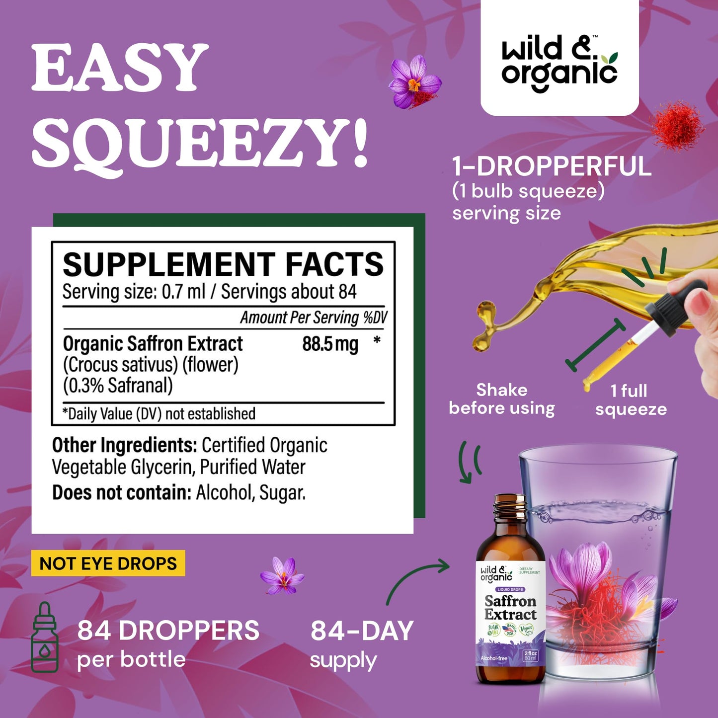 Wild & Organic Saffron Drops - 88.5 mg Saffron Supplement for Mood, Brain, Vision Support - Crocus Sativus Liquid Extract - Vegan, Sugar & Alcohol-Free Tincture - 2 fl oz