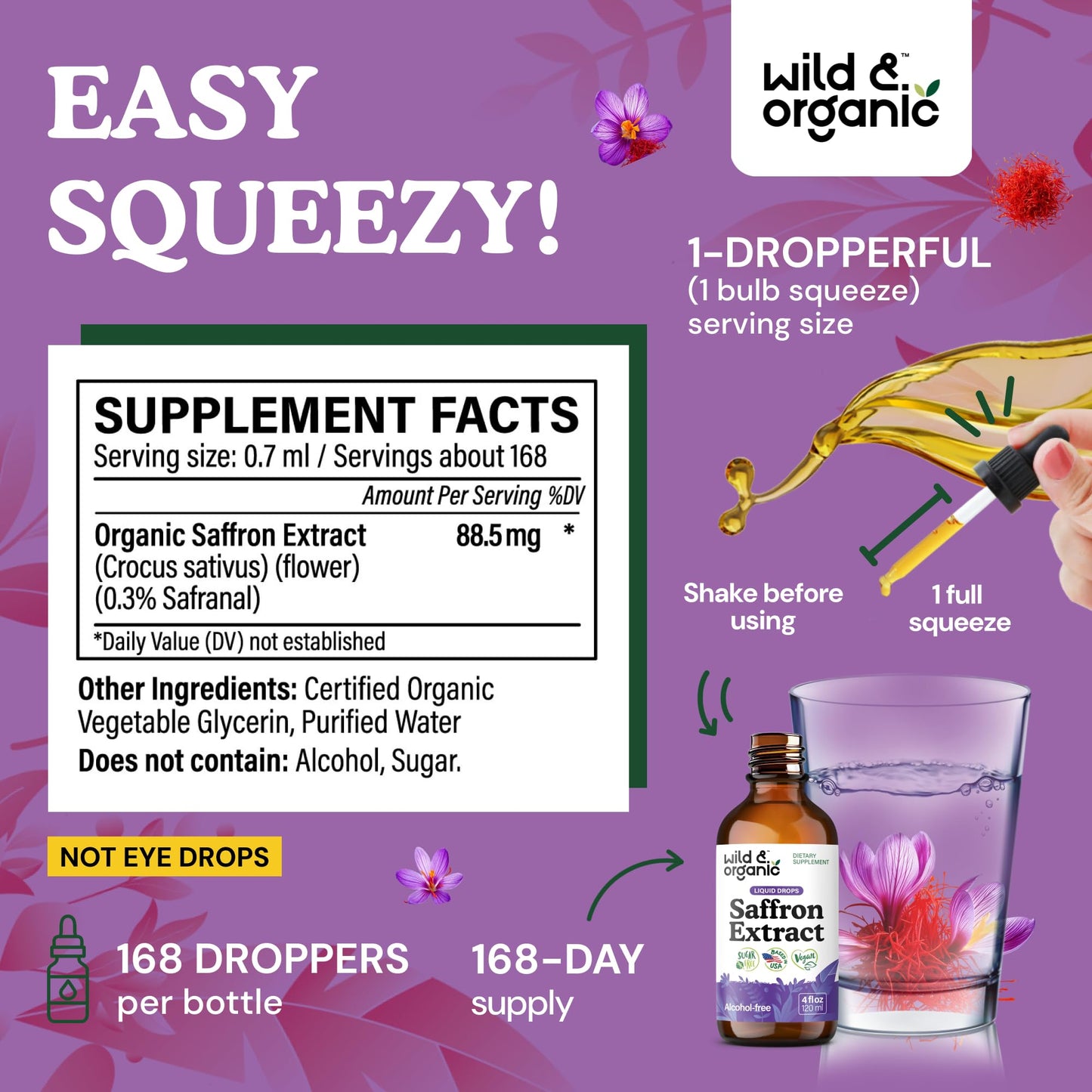 Wild & Organic Saffron Tincture – 88.5 mg per serving (4 oz) – Vegan, Alcohol & Sugar-Free