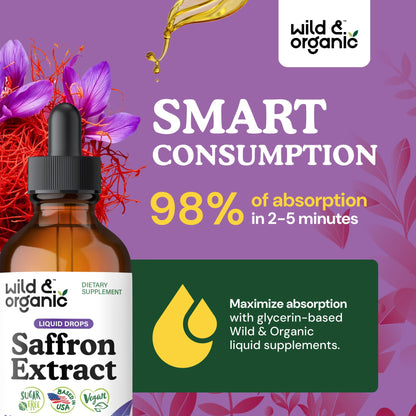 Wild & Organic Saffron Tincture – 88.5 mg per serving (4 oz) – Vegan, Alcohol & Sugar-Free