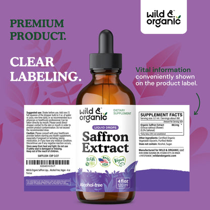 Wild & Organic Saffron Tincture – 88.5 mg per serving (4 oz) – Vegan, Alcohol & Sugar-Free