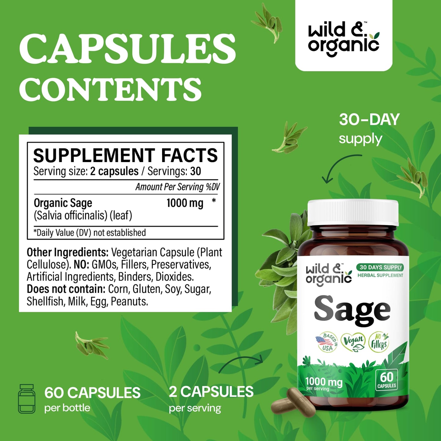 Wild & Organic Sage Capsules — 1000 mg Sage per Serving | Brain & Digestive Support