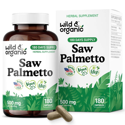 Wild & Organic Saw Palmetto Capsules 500 mg – Urinary Tract Support (180 Count) – Vegan, Non-GMO