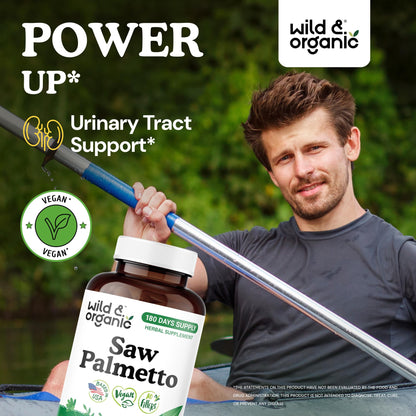 Wild & Organic Saw Palmetto Capsules 500 mg – Urinary Tract Support (180 Count) – Vegan, Non-GMO