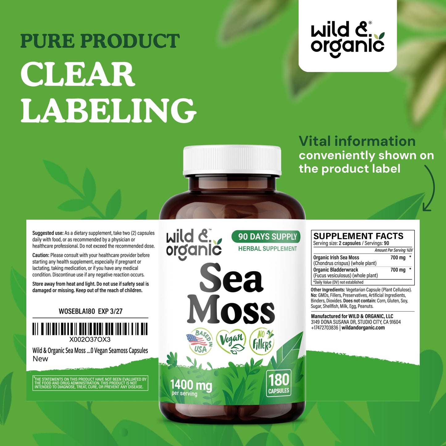 Wild & Organic Sea Moss Capsules - Irish Sea Moss Complex with Bladderwrack & Burdock Root for Overall Well-Being - 180 Vegan Capsules
