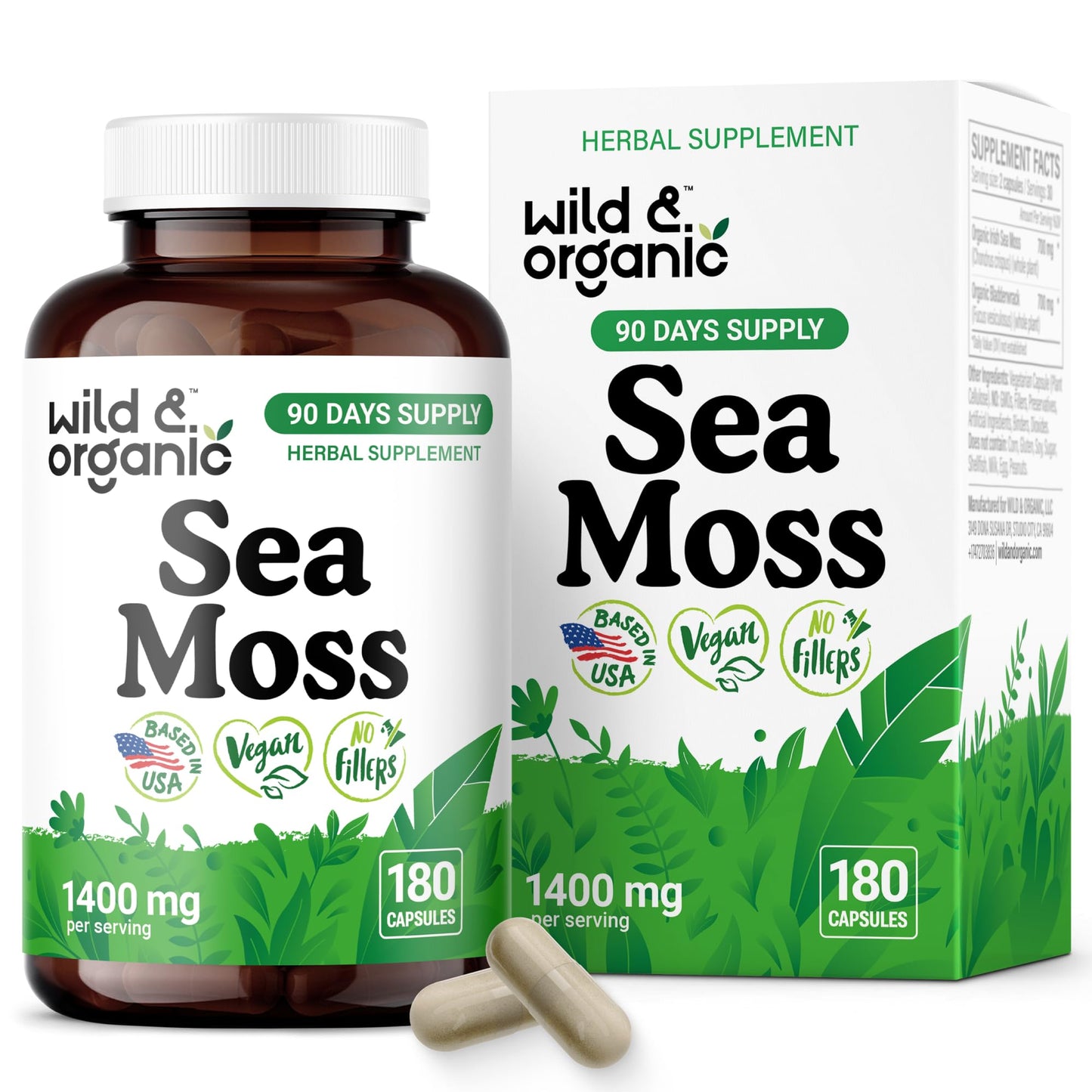 Wild & Organic Sea Moss Capsules - Irish Sea Moss Complex with Bladderwrack & Burdock Root for Overall Well-Being - 180 Vegan Capsules