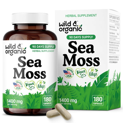 Wild & Organic Sea Moss Capsules - Irish Sea Moss Complex with Bladderwrack & Burdock Root for Overall Well-Being - 180 Vegan Capsules