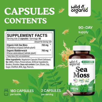 Wild & Organic Sea Moss Capsules - Irish Sea Moss Complex with Bladderwrack & Burdock Root for Overall Well-Being - 180 Vegan Capsules