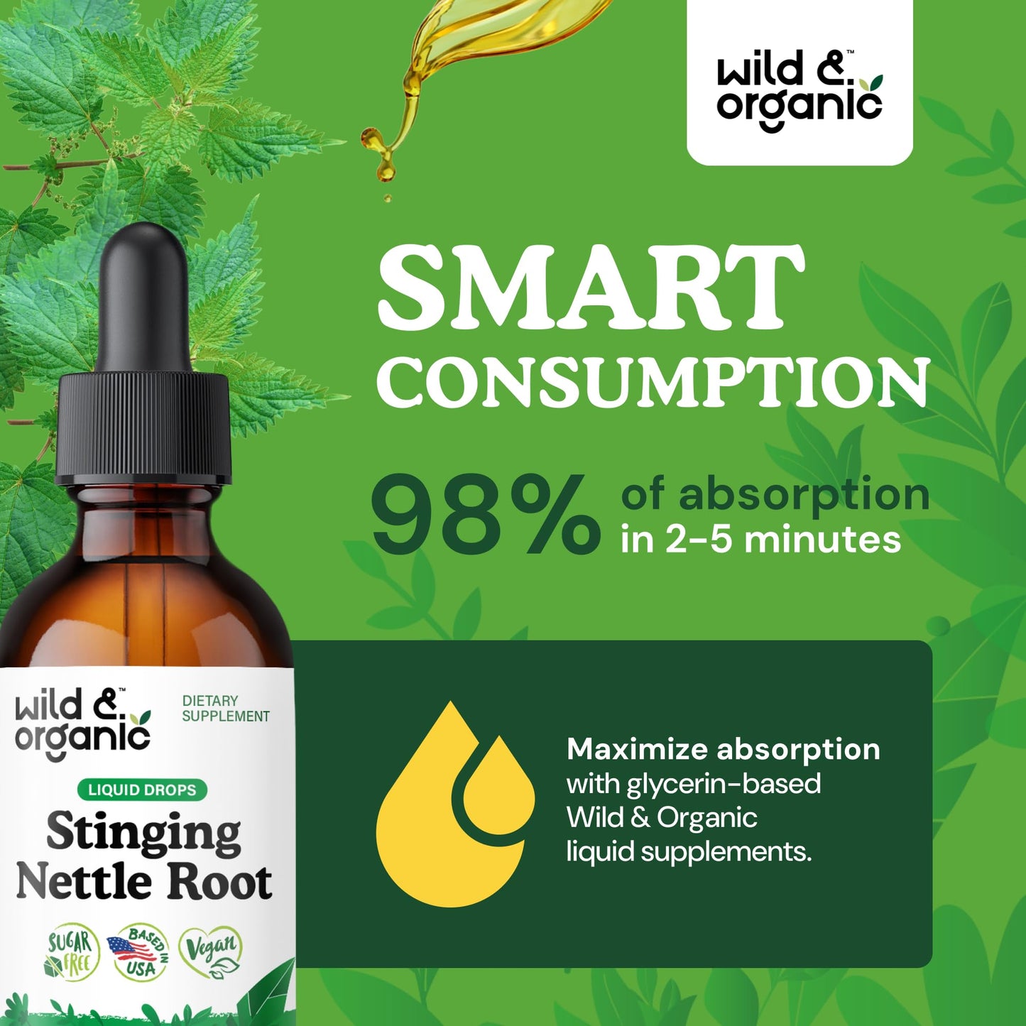 Wild & Organic Stinging Nettle Root Drops - 2 fl oz | Vegan, Alcohol-Free