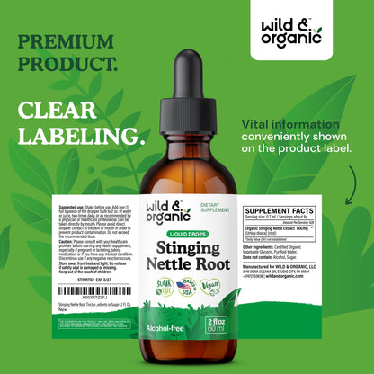 Wild & Organic Stinging Nettle Root Drops - 2 fl oz | Vegan, Alcohol-Free