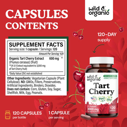 Wild & Organic Tart Cherry Capsules 600 mg – Uric Acid Support | 120-Day Supply | Vegan, Non-GMO