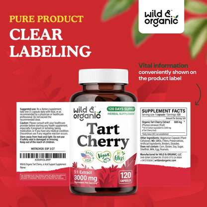 Wild & Organic Tart Cherry Capsules 600 mg – Uric Acid Support | 120-Day Supply | Vegan, Non-GMO