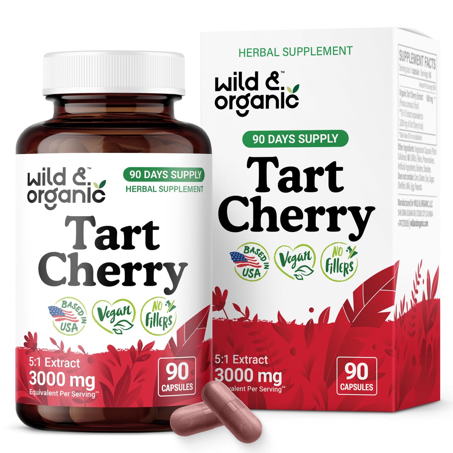 Wild & Organic Tart Cherry Capsules 600 mg – Uric Acid Support – 90 Day Supply – Vegan, Non-GMO