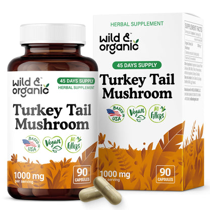 Wild & Organic Turkey Tail Mushroom Capsules 1000 mg – Immune Support (90 Count) | Vegan, Non-GMO