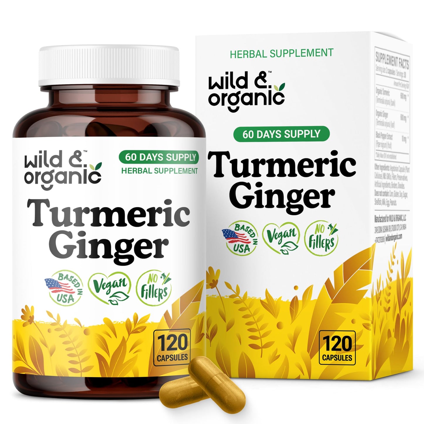 Wild & Organic Turmeric & Ginger Capsules – Mobility & Immune Support, Black Pepper, 120 Count (60 Days) – Vegan, Non-GMO