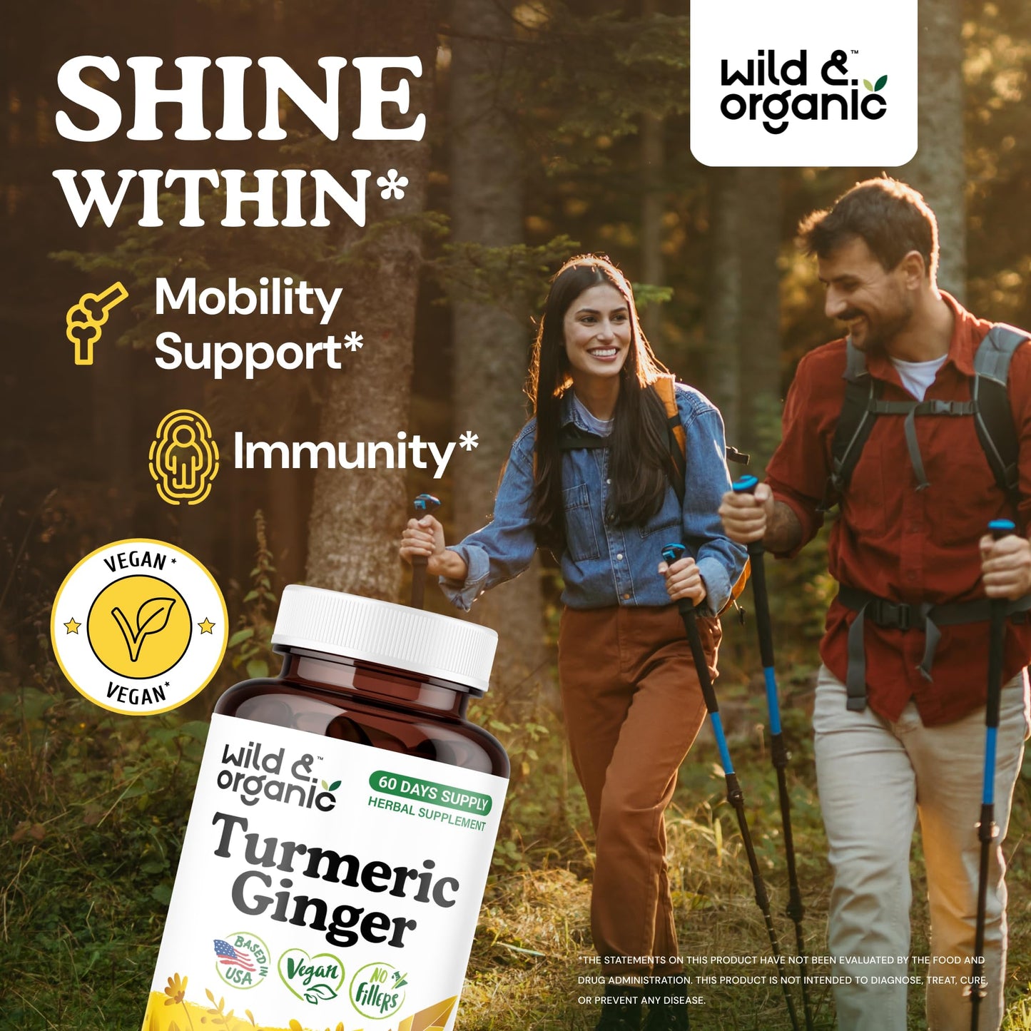 Wild & Organic Turmeric & Ginger Capsules – Mobility & Immune Support, Black Pepper, 120 Count (60 Days) – Vegan, Non-GMO
